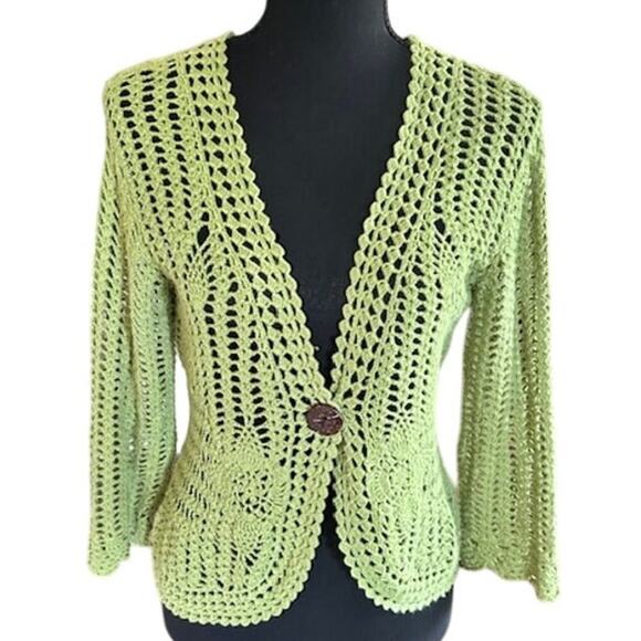 Isabella Rodriguez Lime Green Crochet Knit Cardigan Sweater - Size Medium - Picture 1 of 4